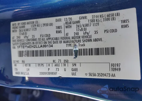 2020 Ford Ranger Xlt z USA, uszkodzony, nr VIN 1FTER4EH2LLA99134